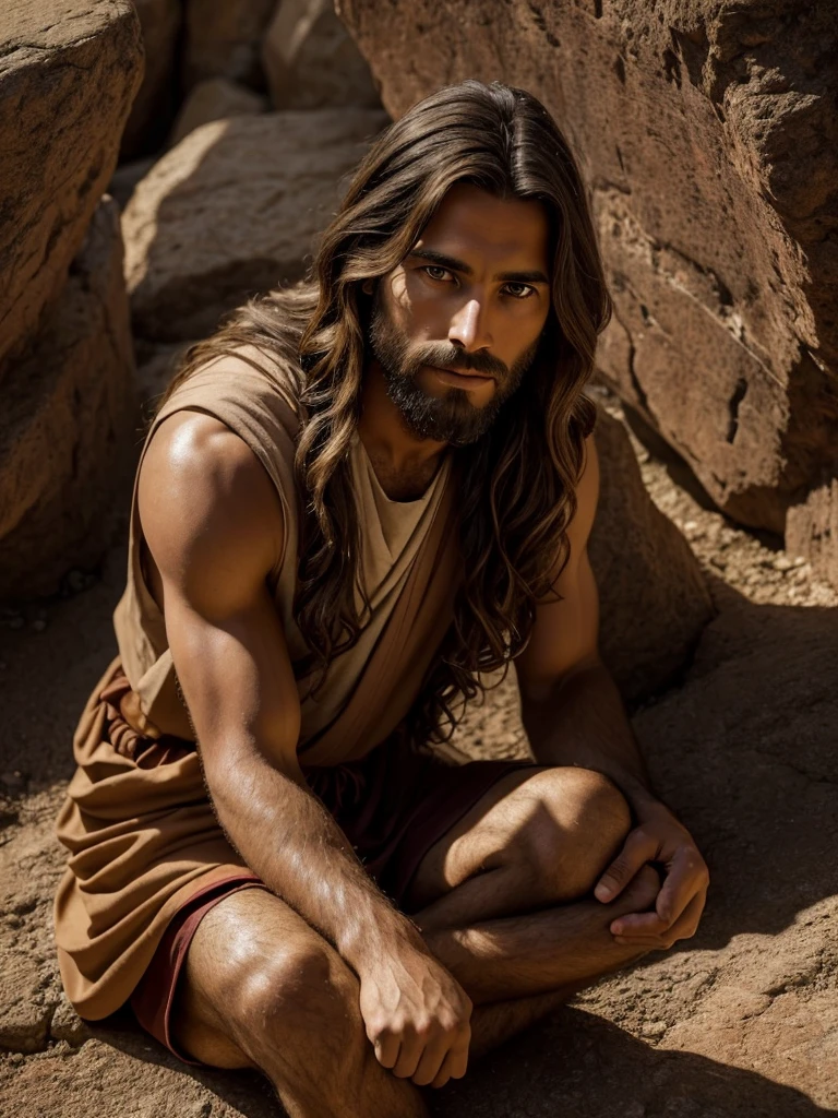 a portrait of jesus christ sitting on the floor of a mountainside, staring at the viewer with an affectionate gaze, open arms, wearing a tunic, long hair, lightly tanned skin, masterpiece, highly detailed, photorealistic, 8k, cinematic lighting, dramatic shadows, warm color tones, serene atmosphere, spiritual, religious, renaissance painting style