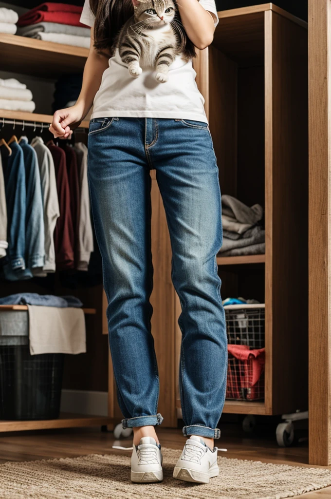 Kitten standing on two legs in dirty clothes and sad