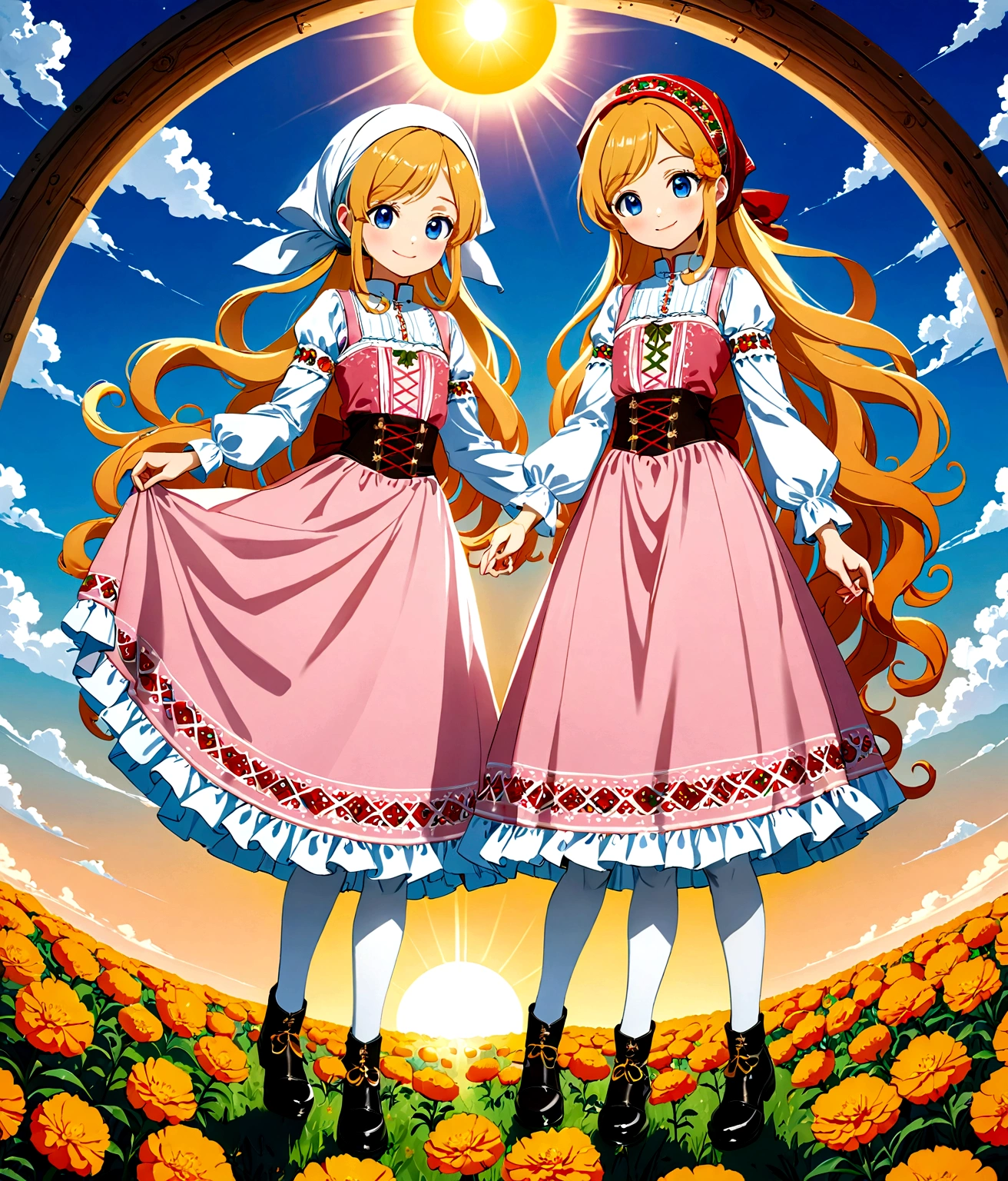 golden orange hair, gradient hair, very long hair, swept bangs, sidelocks, curly hair, wavy hair, (((((head scarf))))), head bandana, pink apron, flower in hair, marigold, orange flower, blue eyes, dirndl, pink dress, pink dirndl, long sleeves, waist apron, white apron, bow on waist, blue bow, , polish clothing, Slavic clothing, Hungarian clothing, anime, cute, full body, white leggings, black shoes, flat chest,, smile, sun, sunshine
