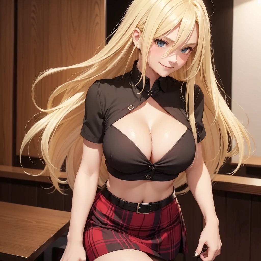 1girl only, smile, ((long blonde hair, Between dates.)), low-cut black cropped, ((cleavage is visible.)), medium breasts, black and red plaid skirt, sarcastic, shy, blushing, ((light skin) ),((short sleeves))