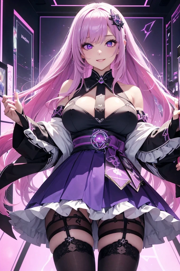 1girl (masterpiece, round_iris, extremely crisp crystalline shiny purple eyes, perfect_anatomy, extremely_captivating_hypnotic_mystic_eyes, ) perfect face, long pastel pink hair, smiling evil, big breasts, stockings and skirt, videogame store, japanese store,  gamer girl, gaming room, dynamic pose, best quality, 4k