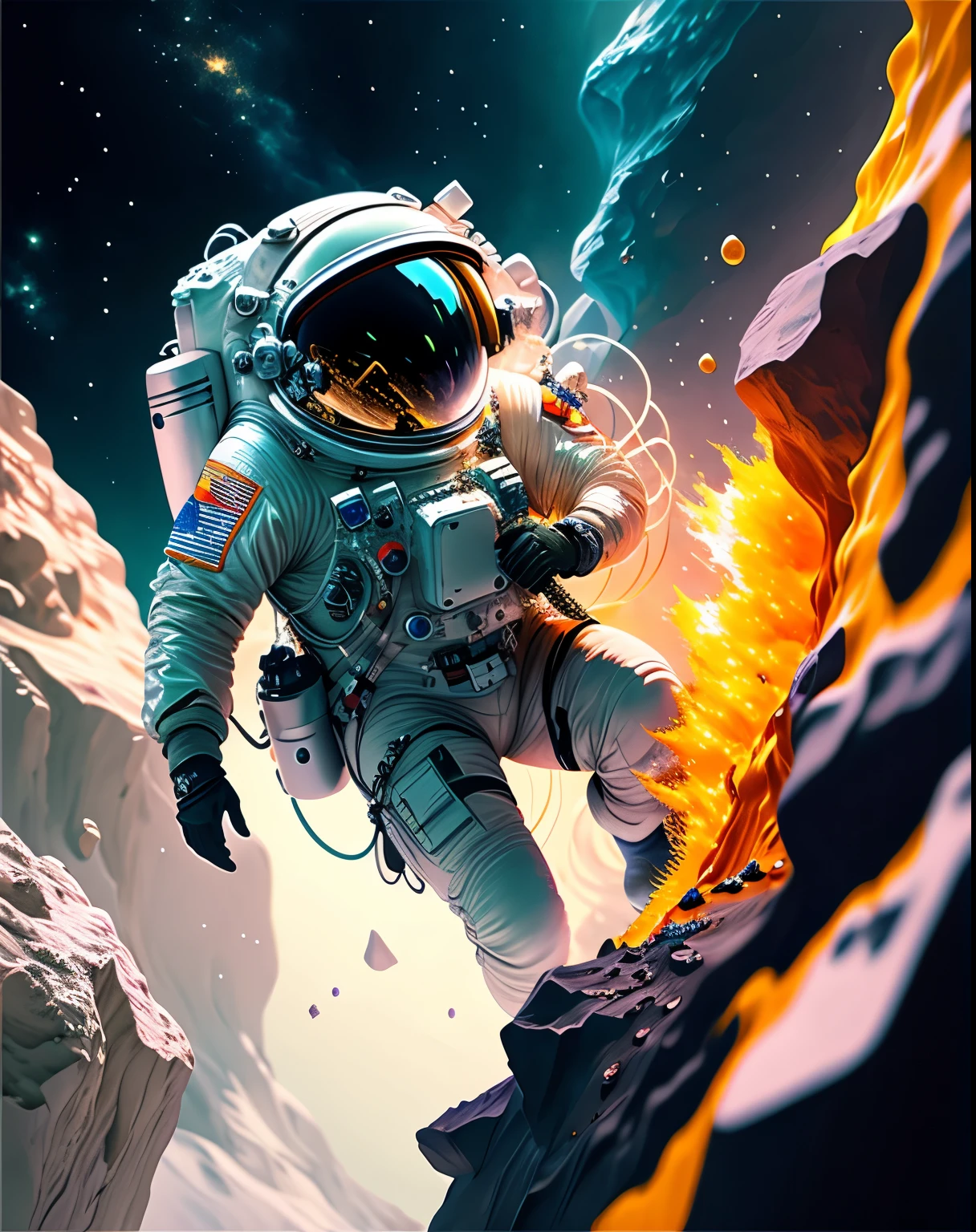 astronaut,  Climbing an asteroid,  Character Rendering, Super high quality model, Fantastic Background, Abstract Beauty, Explosive volumetric, oil, strong stroke, Paint drips