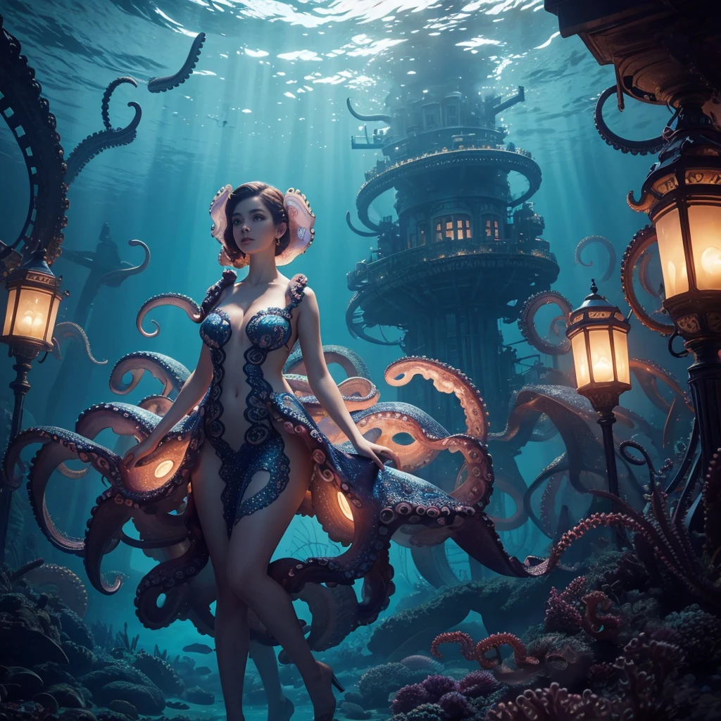1woman, dress made of octopus, underwater cityscape, glowing lights, ethereal and surreal 
,Ultra realistic, professional photo, uhd, 8k, studio light