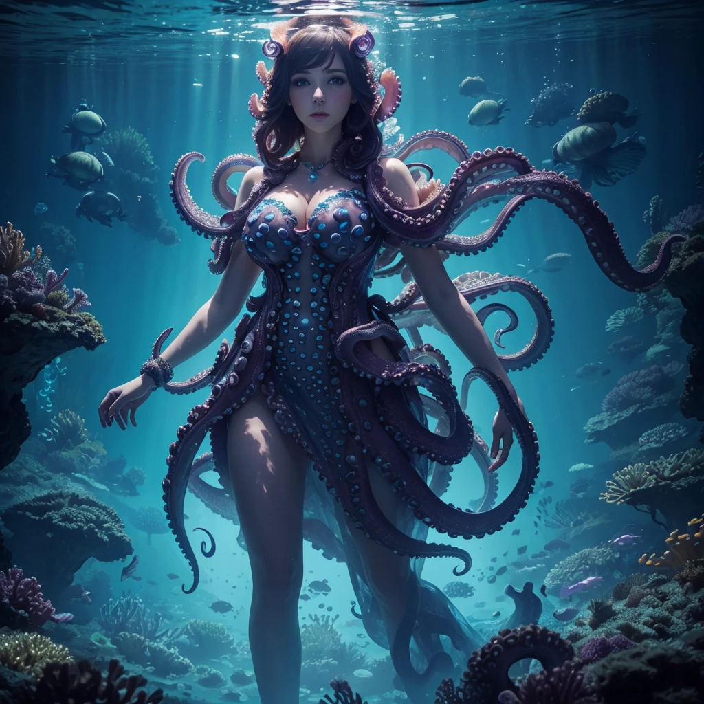 1woman, dress made of octopus, underwater cityscape, glowing lights, ethereal and surreal 
,Ultra realistic, professional photo, uhd, 8k, studio light