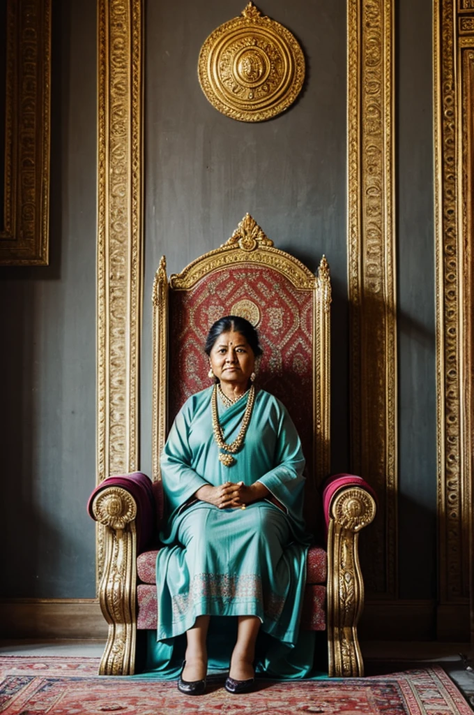 20 year lady sitting on a queen chair in the palace with gray background written A "karuna" in big letter