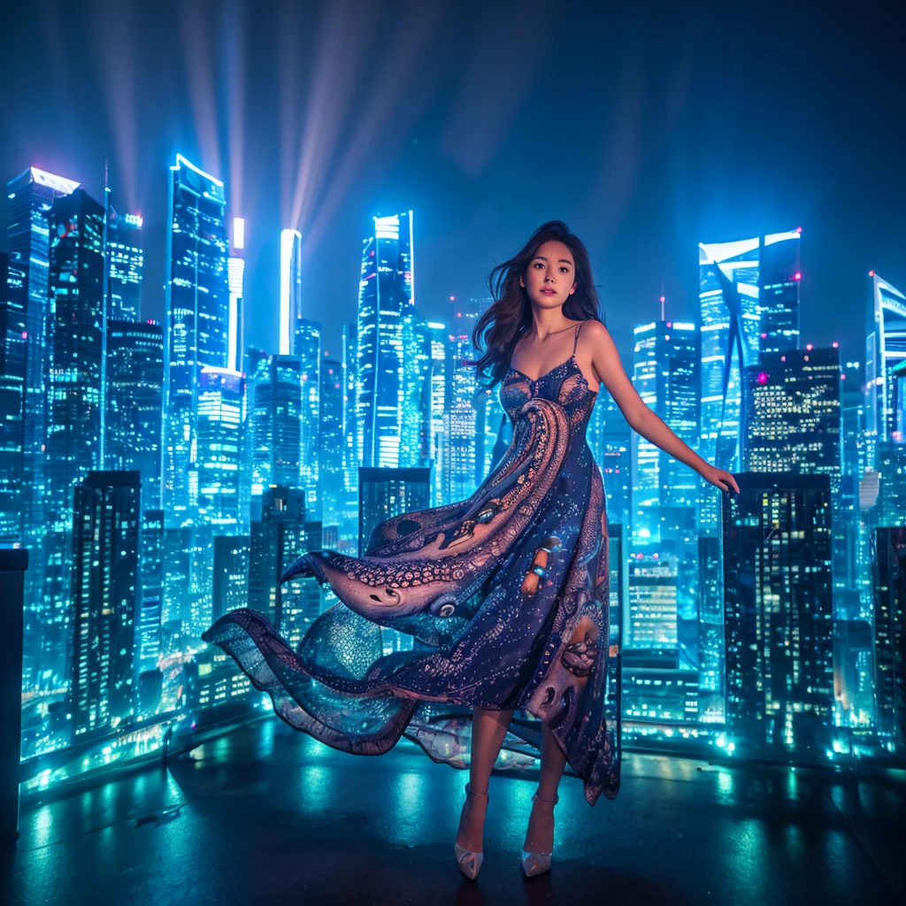 1woman, dress made of octopus, underwater cityscape, glowing lights, ethereal and surreal 
,Ultra realistic, professional photo, uhd, 8k, studio light