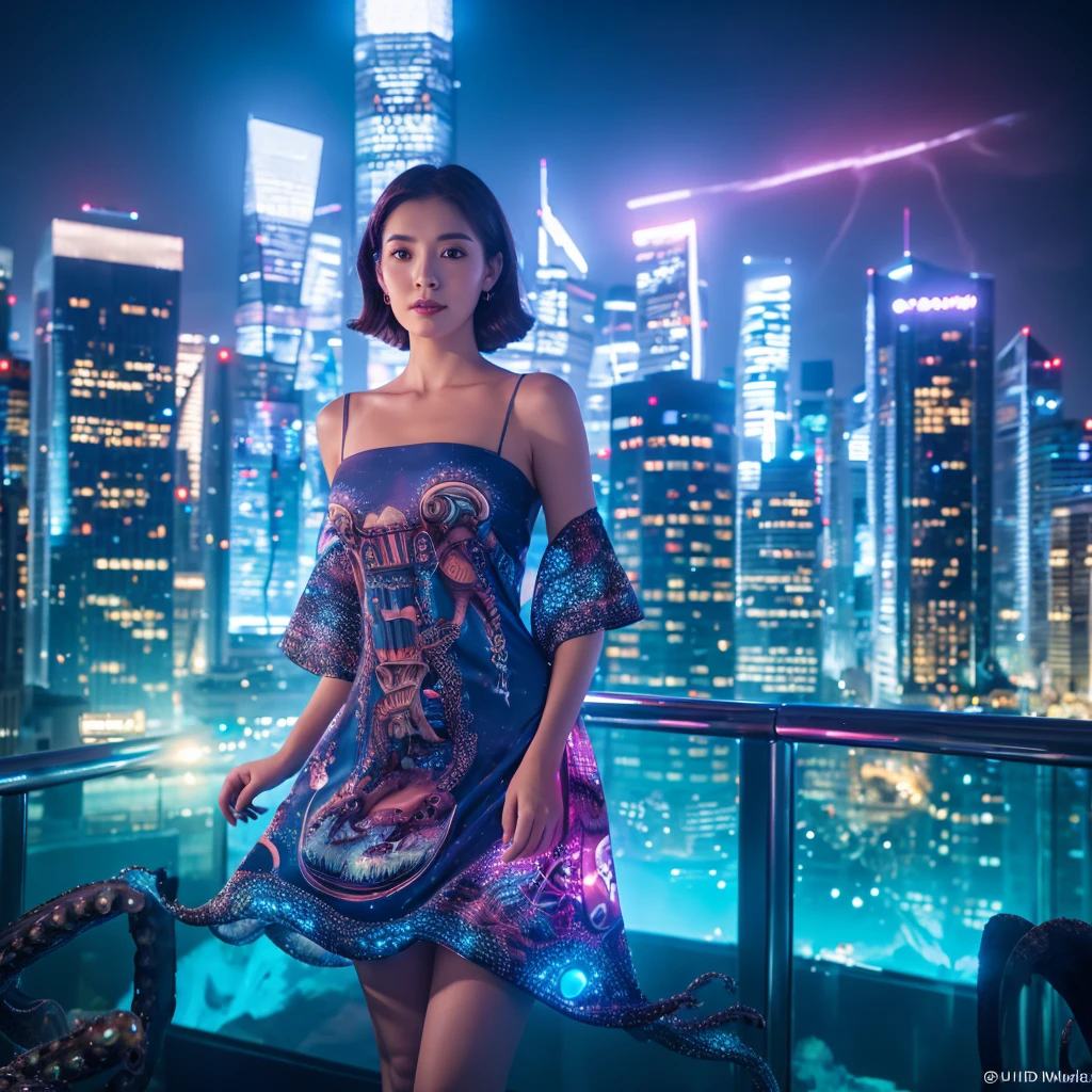 1woman, dress made of octopus, underwater cityscape, glowing lights, ethereal and surreal
,Ultra realistic, professional photo, uhd, 8k, studio light