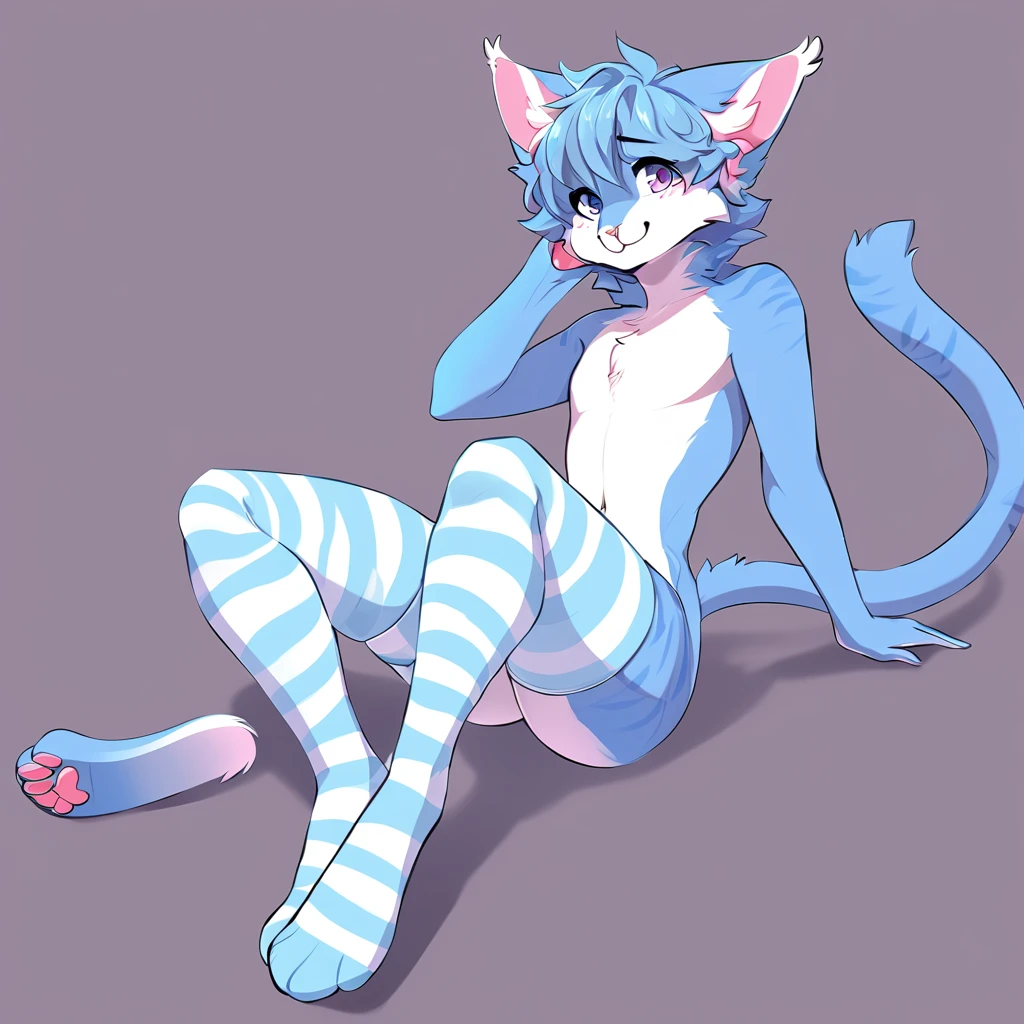 adult, feline, mammal, anthro, anthropomorphic, cat, striped, fur, furred_anthro, femboy, male, light_blue, pink_ears, ear_tufts, purple, paws, hair_tuft, hair_between_eyes, long_tail, fluffy, gentle_expression, expressive_eyes, slightly_smiling light_blue_hair, light looking_at_viewer, blue_fur, shy, small_pupils, spotted_pattern, stripes, tiger_stripes, digital_art, high_resolution, high_res, background shy, lying_down, relaxed_pose, one_arm_supporting_head, seductive_face, thigh_high, thigh_high_socks, blue_thigh_high_socks, light_blue_and_white_striped