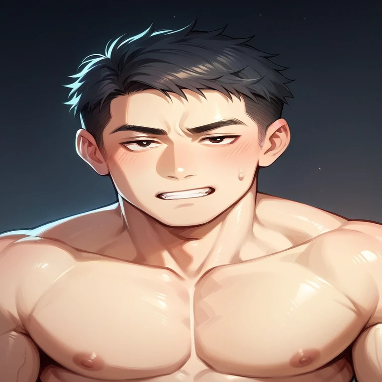 handsome asian boy. very short hair. defined jaw