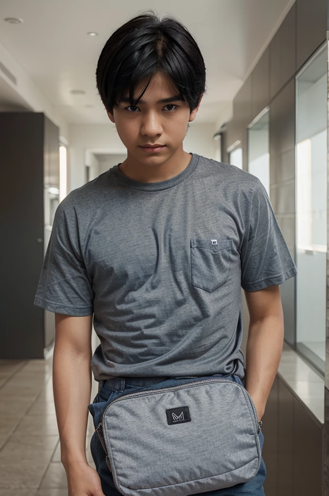 BOY WEARING A GRAY T-SHIRT WEARING A BLUE CELL PHONE BAG BLACK HAIR WITH BROWN HORN