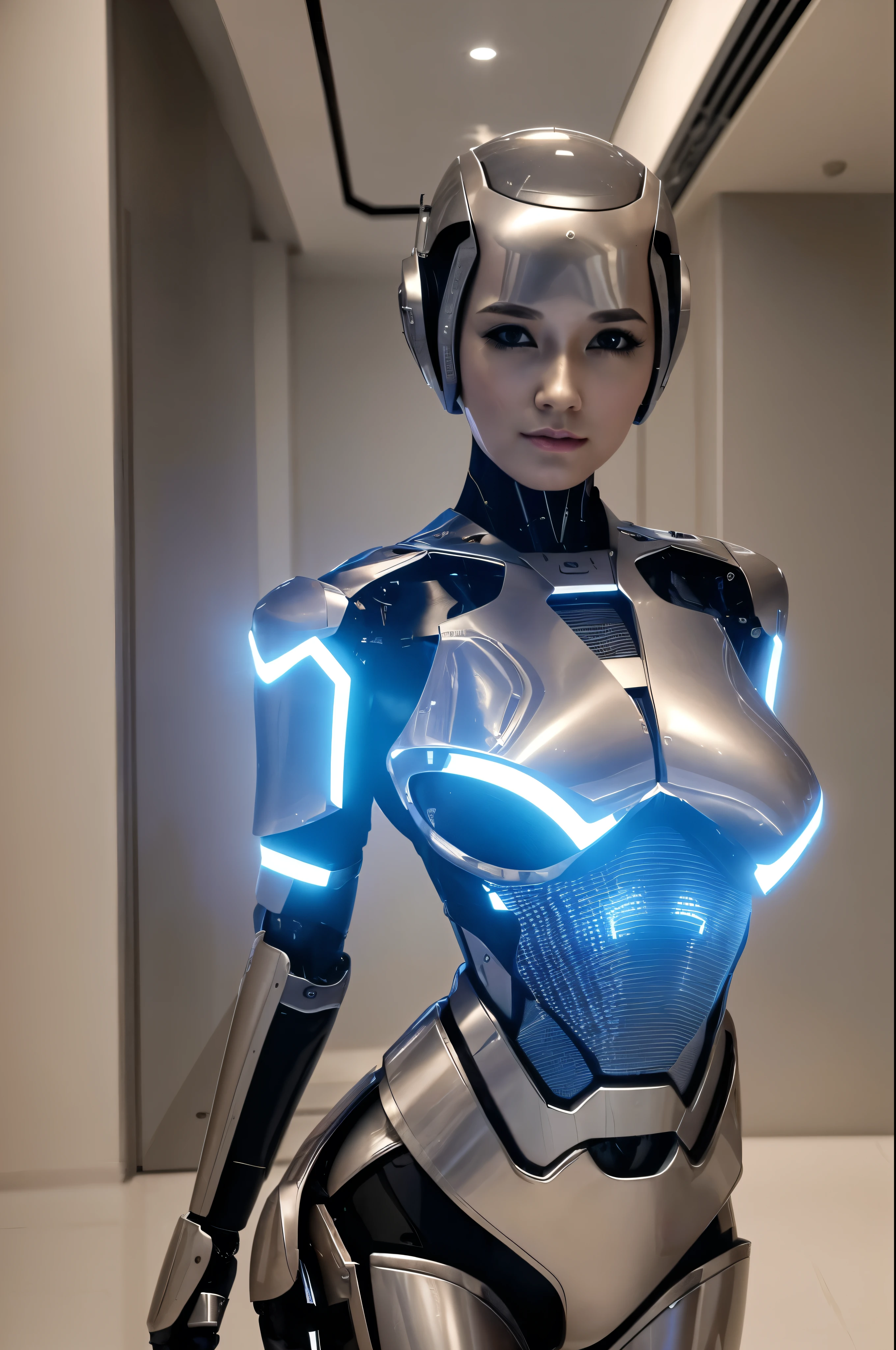 Create an image of an AI robot woman dressed in a metallic and robotic outfit. Her skin should be realistic and resemble that of a human female. The robot woman should have a futuristic appearance, but with subtle robotic features that hint at her artificial nature. The image should be visually striking and futuristic, conveying a sense of advanced technology and innovation. The robot woman should be posed in a dynamic and confident manner, as if she is ready to take on the world. The background should be a futuristic cityscape or a high-tech laboratory, emphasizing the cutting-edge technology that has created this remarkable robot woman. The overall aesthetic should be sleek, modern, and captivating, showcasing the fusion of human and robotic elements in a futuristic setting[2][3][4].