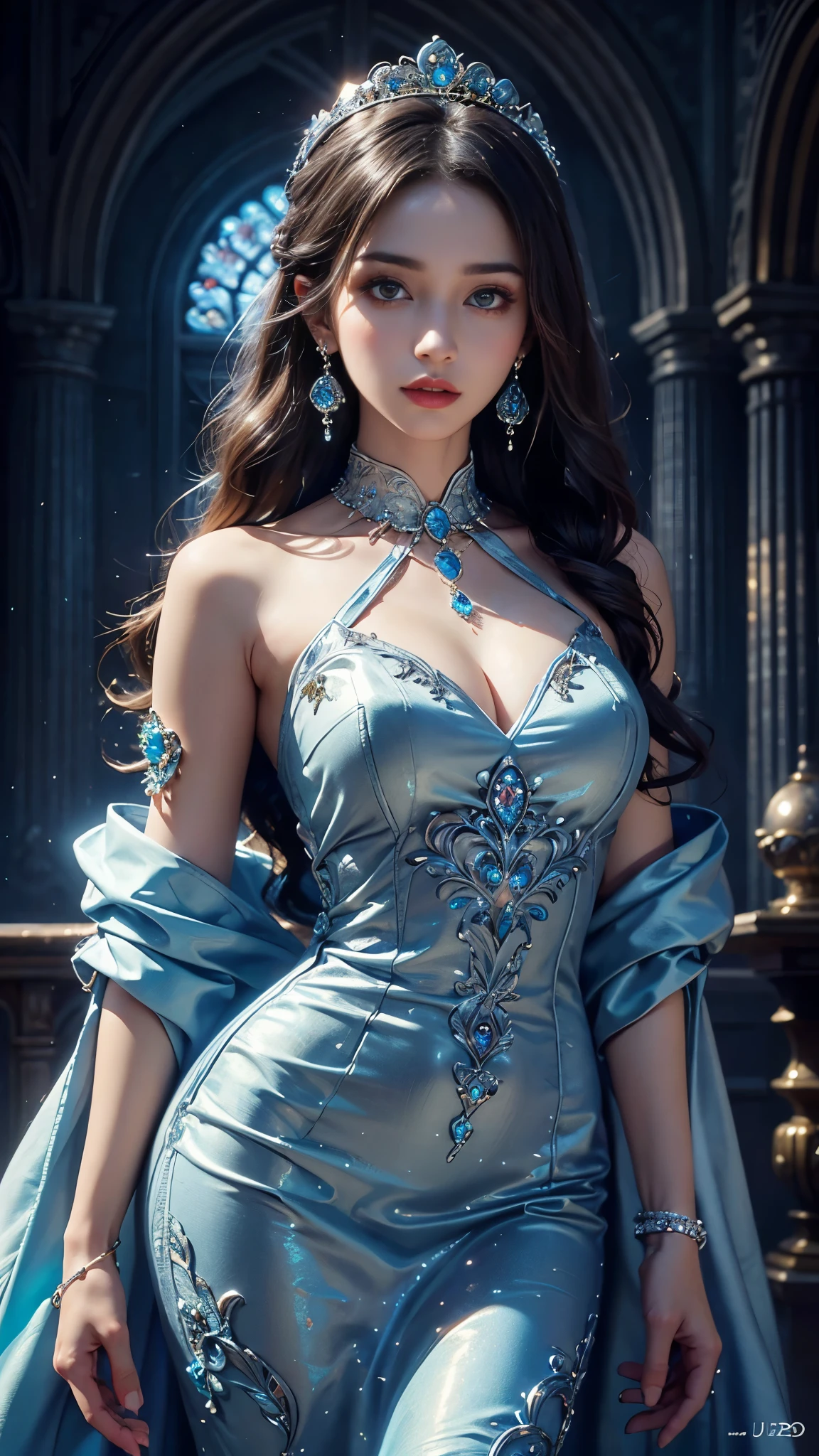 8K ultra hd, masterpiece, best quality, a beautiful girl, long hair, impressive hairstyle, royal hair jewelry, pretty cute face, flawless face, jewellery earrings, antique jewellery, details eyes, beautiful eyes, meticulous makeup, thin eyebrows, beautiful detailed lips, medium breasts, princess dress, blue dress, light blue laces, realistic colors, magic effect, night background, look directly at the audience,