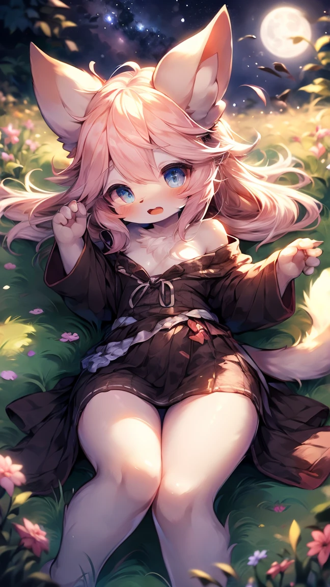 Extremely detailed, beautiful, Fair, masterpiece, best quality, Calming color palette, Peace of mind,White,White绒毛,Fluffy white ears and tail,Lying down, blush,HD Wallpapers,16k resolution, Deep blue eyes,Like the eyes of the galaxy,hairy尾巴,Pink cat ears,Plush body,paw,hairy,浑身hairy,Long legs,blush,Open your mouth,Loose clothing,Off-shoulder,White毛发,grassland,moonlight