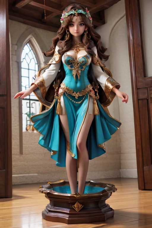 A beautiful gorgeous fantasy Princess in royal outfits and ornamentation. Jwelry around hair, highly ornamented necklase, princess attire, long brown hair, deep eyes, red lips, charming look, curve body shape, purple princess dress, silky white transparent scarf