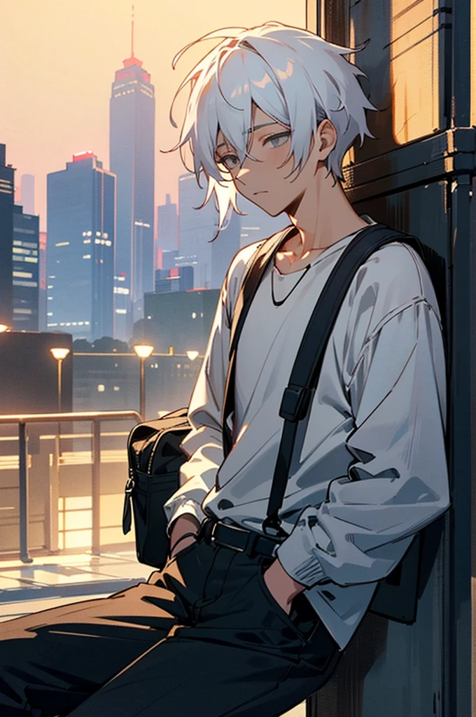 Sleep deprived, white hair, Grey eyes , young man, casual clothing, black fanny pack, sitting near a stall, hands on pocket, near a pure white girl silhouette that gliches, anime, night, city. 