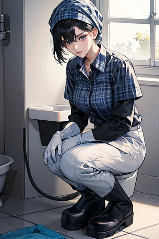 A black-haired mature woman wearing large white rubber gloves and black rubber boots is cleaning a dirty toilet, wearing a blue short-sleeved flannel shirt with a white cloth on her head, and black slacks.