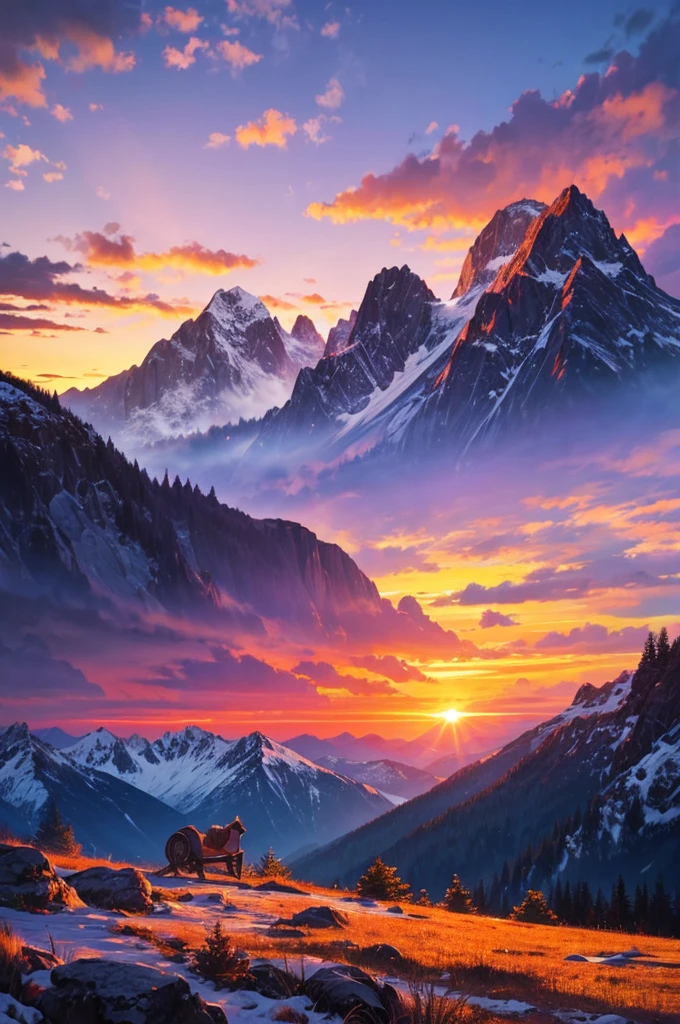 The scenery in the mountains is beautiful, Orange and purple clouds at sunset, Fascinating and magical.