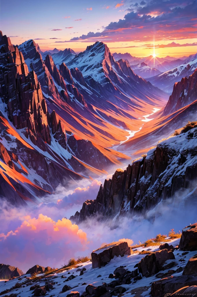 The scenery in the mountains is beautiful, Orange and purple clouds at sunset, Fascinating and magical.