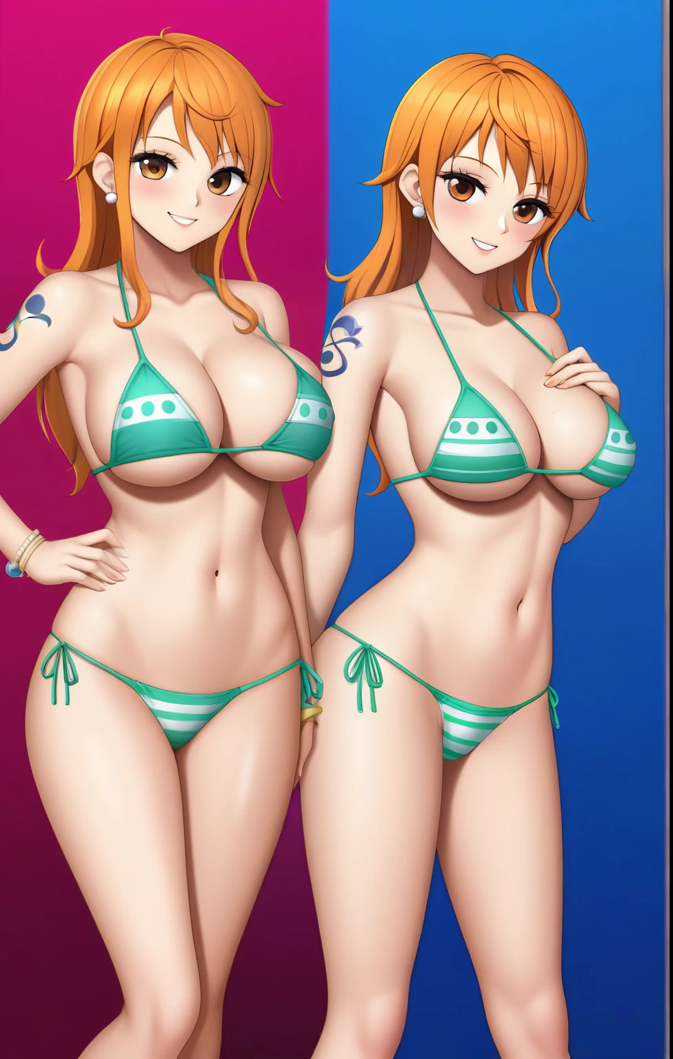 Nami covers her chest with her hands