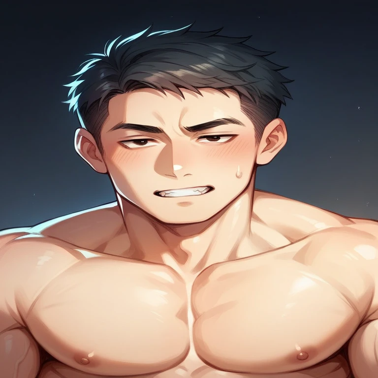 handsome asian boy. very short hair. defined jaw