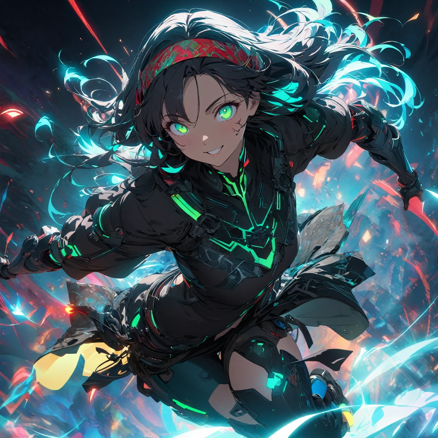 Create an image of a girl with super power. Include a dark and dramatic background with sparks illuminating the surroundings to hint at her power theme. Pose her dynamically to reflect agility and readiness, with a cheerful facial expression featuring bright eyes and a wide smile. Dress her in casual clothing transformed to be unique with fantasy-cyberpunk elements, (nude:0.8), including a fitted, futuristic top with glowing emblems, sleek high-tech gauntlets with glowing runes, form-fitting pants with intricate designs, futuristic boots with subtle illumination, and an elaborate hairstyle with glowing highlights and a headband or hairpiece with embedded runes. Use a color scheme of dark tones with accents of fiery red, electric blue, and glowing green, and consider adding floating energy orbs around her to symbolize her evasion ability, detailed gorgeous face| anime style| key visual| intricate detail| highly detailed| breathtaking| vibrant| panoramic| cinematic| Carne Griffiths| Conrad Roset| gibbli 8k