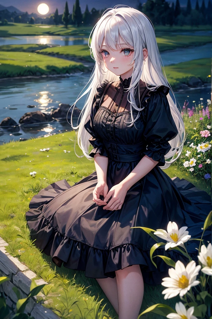 (masterpiece, top quality), A girl with white hair sits in a field of green plants and flowers, warm moonlight, Blurred foreground, change, River bank, shorts, Strange eyes