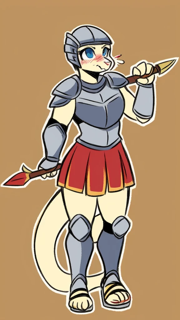 1girl, furry, furry_female, lizard_girl, solo, wearing full body plate armor, gladiator skirt, gladiator sandals, humanoid feet, holding a spear, nosebleed,bloody nose