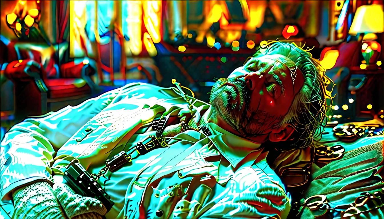 A scene in which a middle-aged man in a white suit is captured. The man in the white suit is handcuffed and lying face down. The scene is a luxurious room, 4k masterpiece, best quality, (High Definition CG Unity 8k Wallpaper), (Best Quality), (Best Illustration), (Best Shadow), Incredibly Realistic Lighting, (Abyss), Beautiful Glow, Art by Peter Maubacher,