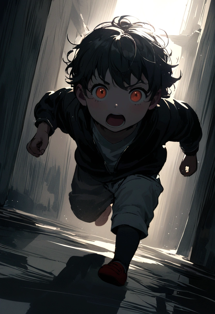 A 5 year old boy is running in a dark place afraid of shadows that are chasing him