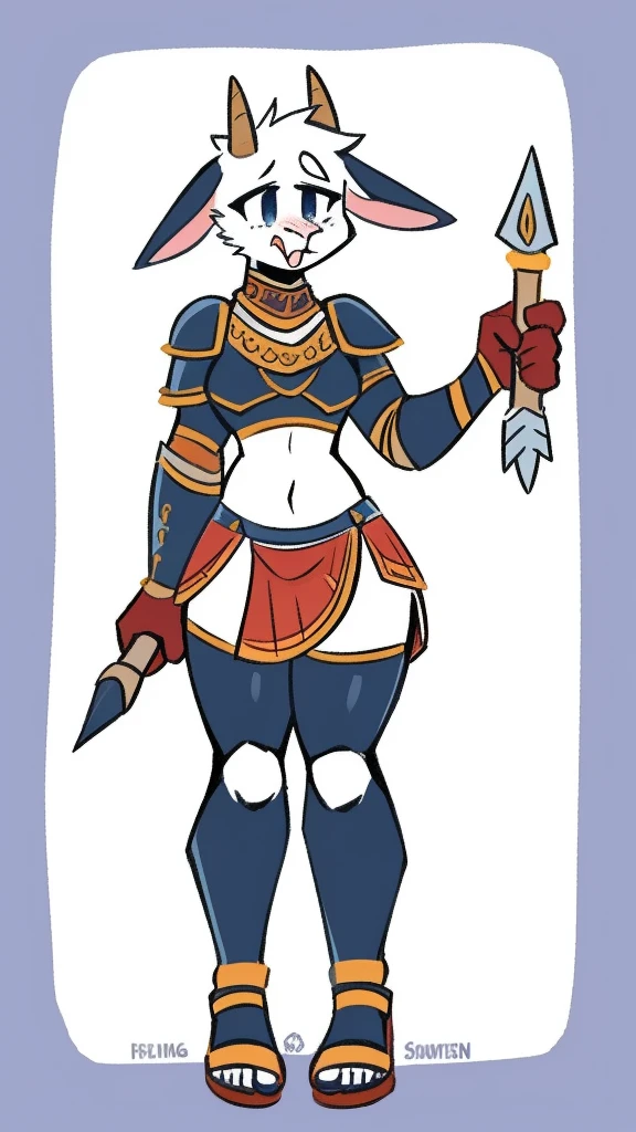 1girl, furry, furry_female, goat_ears, goat_girl, solo, wearing full body plate armor, gladiator skirt, gladiator sandals, humanoid feet, holding a spear, nosebleed,bloody nose