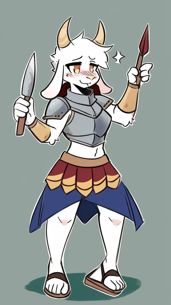 1girl, furry, furry_female, goat_ears, goat_girl,  solo, wearing full body plate armor, gladiator skirt, gladiator sandals, humanoid feet, holding a spear, nosebleed,bloody nose