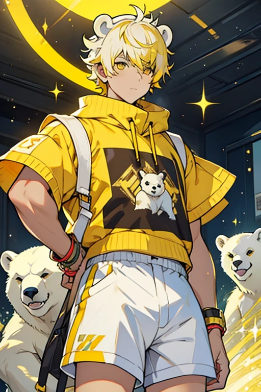 Young man short curly hair white with glitter polar bear ears yellow eyes yellow sleeveless shirt yellow waist sweater white shorts angry