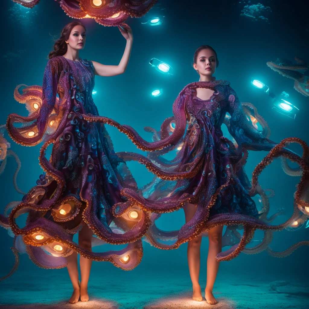 1woman, dress made of octopus, underwater cityscape, glowing lights, ethereal and surreal 
,Ultra realistic, professional photo, uhd, 8k, studio light