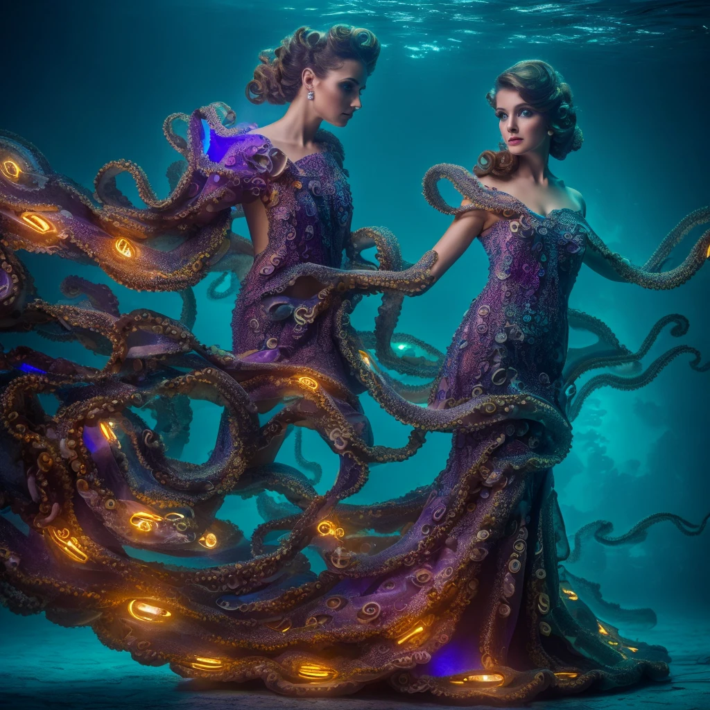 1woman, dress made of octopus, underwater cityscape, glowing lights, ethereal and surreal
,Ultra realistic, professional photo, uhd, 8k, studio light