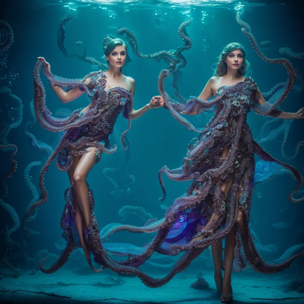 1woman, dress made of octopus, underwater cityscape, glowing lights, ethereal and surreal
,Ultra realistic, professional photo, uhd, 8k, studio light