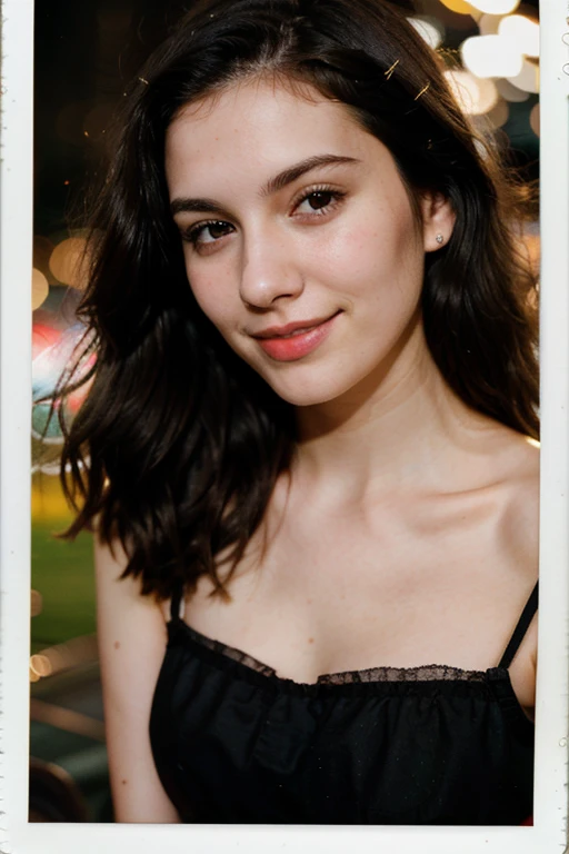 25 year old brunette woman, big black hair, fine and delicate facial features, with a sweet smile, polaroid photo, night photo, photo of 24 y.o beautiful woman, pale skin, bokeh, motion blur