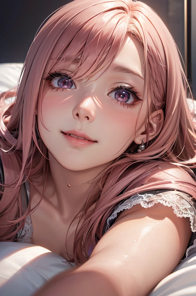 (Best Quality,High resolution,8K,finelity detailed background,Masterpiece:1.2),beautiful girl,Shiny pink hair,messy hair,Pink eyes,Gentle look,A refreshing look,Best quality,Best Quality,Aesthetic and aesthetic:1.2,Best details((Super detailed))(High-definition CG illustrations),Glamorous black underwear (black,intricate lace),Slender body,night,Moonlight,Bedroom,On the bed,smile,blush,cute,Scrounge,Looking up,Being spoiled,Smiling Kindly,super model,wariza,shoot from below