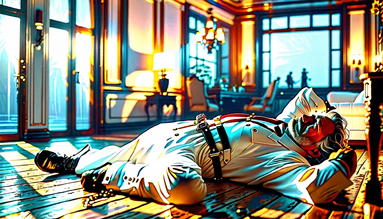 A scene in which a middle-aged man in a white suit is captured. The man in the white suit is handcuffed and lying face down. The scene is a luxurious room, 4k masterpiece, best quality, (High Definition CG Unity 8k Wallpaper), (Best Quality), (Best Illustration), (Best Shadow), Incredibly Realistic Lighting, (Abyss), Beautiful Glow, Art by Peter Maubacher,