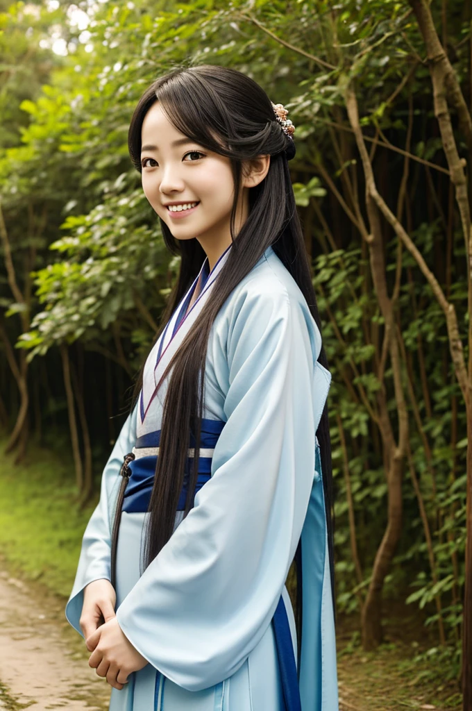 (Masterpiece),Best Quality,good anatomy, shuimobysim,(1 chico:1), (Upper part of the body),(SMILE),long hair,(hanfu),(ecchi0.5), (trees:0.5), (flores:0.6) ,(wooden house:0.2),(bamboo forest:0.2),(arroyo:0.2),(River:0.2),