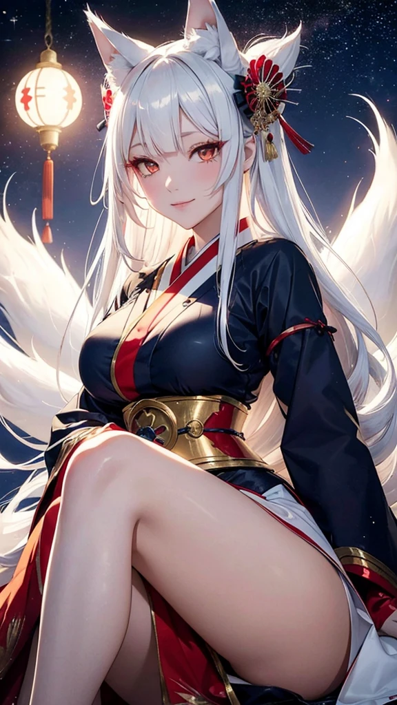 Kitsune girl,hime cut,silver eyes,gold darkblue and red tones japanese cloth, geisha dress theme sun&moon , traditional japanese , long white hair,silver fox ears, have kitsune tail, beautiful woman, silver eyes, elegant, young adult beautiful,night , starry night,sexy eyes,flirting,smile, erotic