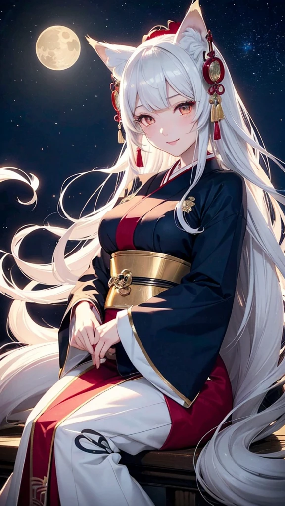 Kitsune girl,hime cut,silver eyes,gold darkblue and red tones japanese cloth, geisha dress theme sun&moon , traditional japanese , long white hair,silver fox ears, have kitsune tail, beautiful woman, silver eyes, elegant, young adult beautiful,night , starry night,sexy eyes,flirting,smile, erotic