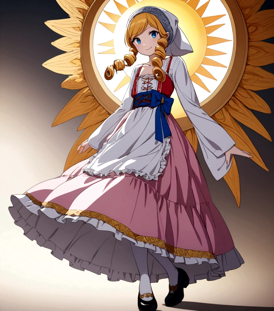 golden orange hair, gradient hair, very long hair, swept bangs, sidelocks, curly hair, wavy hair, (((((head scarf))))), head bandana, pink apron, flower in hair, marigold, orange flower, blue eyes, dirndl, pink dress, pink dirndl, long sleeves, waist apron, white apron, bow on waist, blue bow, , polish clothing, Slavic clothing, Hungarian clothing, anime, cute, full body, white leggings, black shoes, flat chest,, smile, solo
(((sun goddess)))