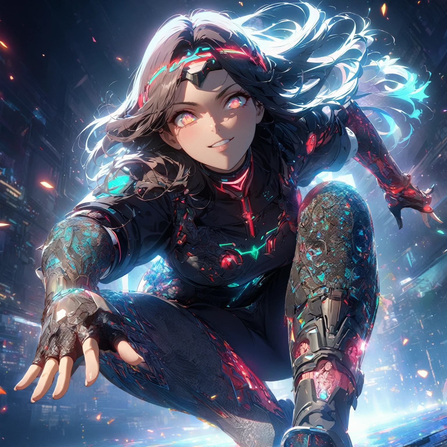 Create an image of a girl with super power. Include a dark and dramatic background with sparks illuminating the surroundings to hint at her power theme. Pose her dynamically to reflect agility and readiness, with a cheerful facial expression featuring bright eyes and a wide smile. Dress her in casual clothing transformed to be unique with fantasy-cyberpunk elements, (nude:0.8), including a fitted, futuristic top with glowing emblems, sleek high-tech gauntlets with glowing runes, form-fitting pants with intricate designs, futuristic boots with subtle illumination, and an elaborate hairstyle with glowing highlights and a headband or hairpiece with embedded runes. Use a color scheme of dark tones with accents of fiery red, electric blue, and glowing green, and consider adding floating energy orbs around her to symbolize her evasion ability, detailed gorgeous face| anime style| key visual| intricate detail| highly detailed| breathtaking| vibrant| panoramic| cinematic| Carne Griffiths| Conrad Roset| gibbli 8k