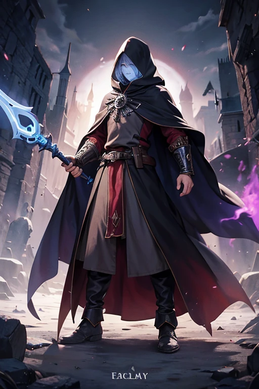 medieval fantasy necromancer, wears a cloak woven with the faces of slain enemies, his staff is made of skulls