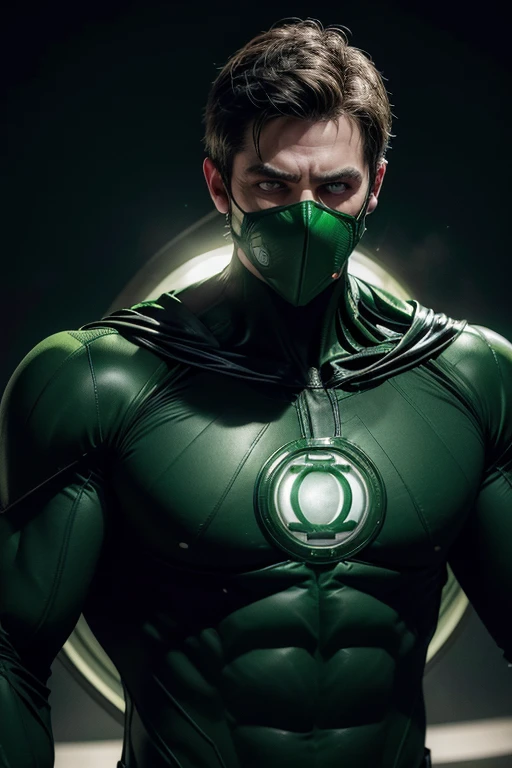 A detailed image of Green Lantern wearing a mask that covers his entire face, leaving only the eyes visible. The costume must maintain the iconic green and black colors with the Green Lantern symbol on the chest. He must be in a heroic pose, floating in space with an energy ring glowing in his hand, creating a green light effect all around. Expression must be determined and focused."