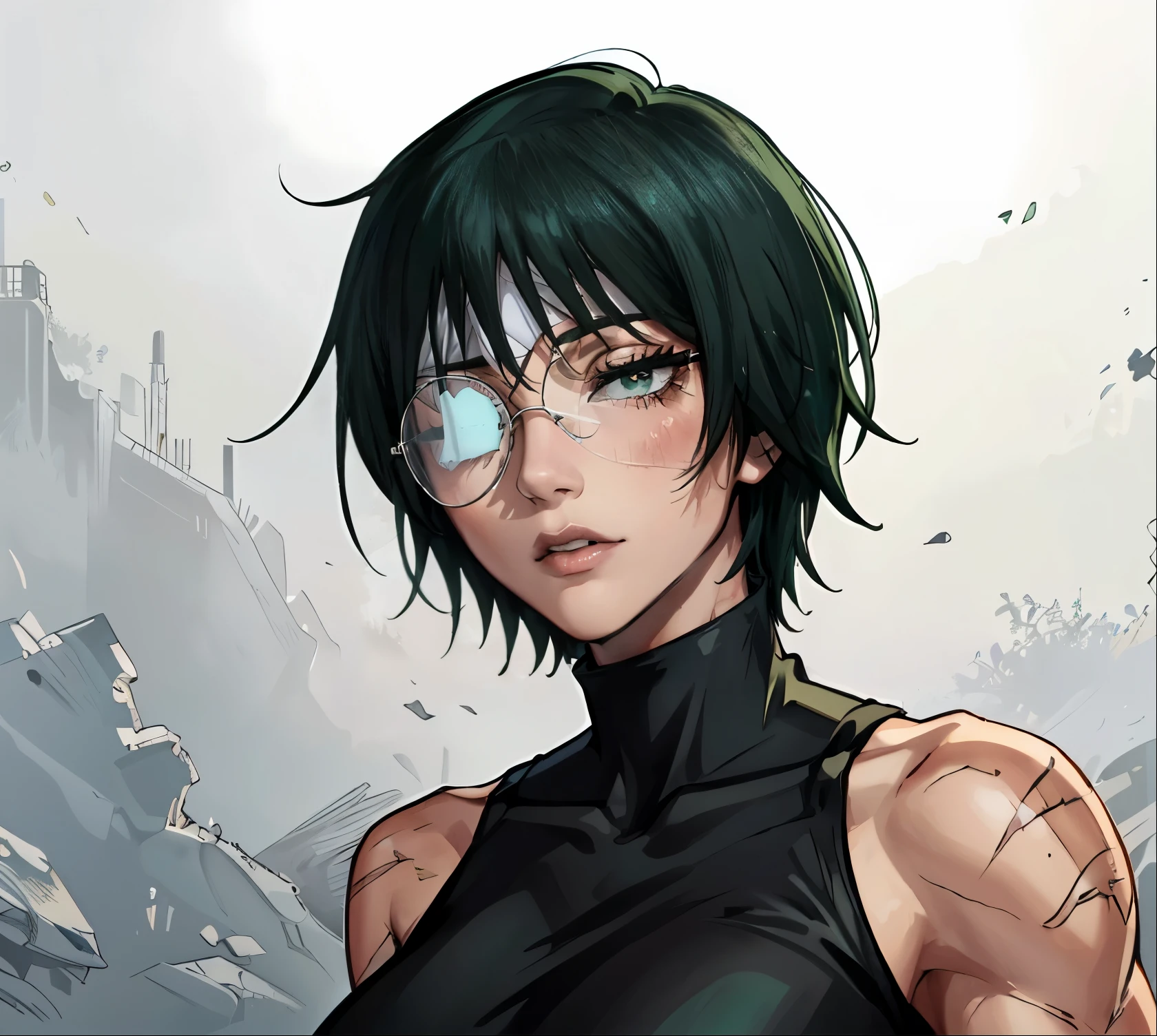 (masterpiece:1.2, best quality:1.2, beautiful, high quality, highres:1.1), 1girl, detailed, short hair, short fluffy hair, short green hair, extremely detailed 4K, perfect eyes, perfect face, only 1 girl, visible bandaid, 1 eye, bandaid covering eye, other eye covered, eye covered with bandaid, circle arms, serious gaze, ready for battle, combat face, nice view, sexy, glasses, circle shaped glasses, yellow shiny eyes, yellow colored eyes, Bandaid on face, posing, hands, arms, scars on arms, scars on face, scars on cheek, bangs, really short hair, scars on body, Maki Zenin eyes, perfect eyes, scars on face, dangerous, eye patch, white bandage on eye, yellow colored eyes, exotica, scar on face, scar on cheeks, visible scars on cheeks, bandage on eye, scar on eye, Maki Zenin, scar on body, very short hair, circle glasses, dark scars on face, Maki Zenin LoRA, black shirt, scar on eye, scars, sleeveless, crop top, beautiful face, perfect lighting, (1girl, solo, adult female, mature female), thin, lithe body, Maki Zenin, green hair, glasses, (big breasts), ((sensual seductive))