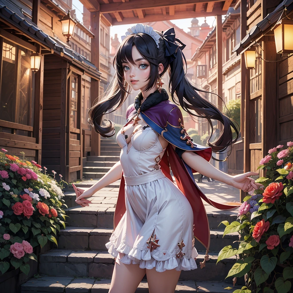 Mona_(genshin impact), 1 girl, solo, alone, cat ears, animal ears, cat tail, ornament hair, perfectly body, perfectly hands, wave hair, black hair, long hair, twintails, maid, maid dress, maid headdress, maid apron, white apron, holding a lantern, Chinese lantern, shrine scenery, red roses on focus, gold lantern, Chinese style, Chinese maid dress, navy dress, more details on her clothes, white dress with transparency, golden details, night, smiling, cape, ((4k, masterpiece, top-quality)),8k, best quality, high resolution, HD, (illustration:0.8), super cute girl, delicate and beautiful face, 1girl, solo, mature girl, super cute hairstyle, (beautiful detailed eyes:1.6), extremely detailed face, perfect lighting, extremely detailed CG, (perfect hands, perfect anatomy), Best quality, cleavage, small skirt, full Body,