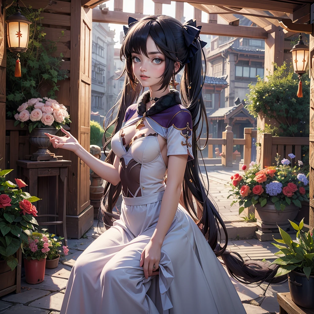 Mona_(genshin impact), 1 girl, solo, alone, cat ears, animal ears, cat tail, ornament hair, perfectly body, perfectly hands, wave hair, black hair, long hair, twintails, maid, maid dress, maid headdress, maid apron, white apron, holding a lantern, Chinese lantern, shrine scenery, red roses on focus, gold lantern, Chinese style, Chinese maid dress, navy dress, more details on her clothes, white dress with transparency, golden details, night, smiling, cape, ((4k, masterpiece, top-quality)),8k, best quality, high resolution, HD, (illustration:0.8), super cute girl, delicate and beautiful face, 1girl, solo, mature girl, super cute hairstyle, (beautiful detailed eyes:1.6), extremely detailed face, perfect lighting, extremely detailed CG, (perfect hands, perfect anatomy), Best quality, cleavage, small skirt, full Body,