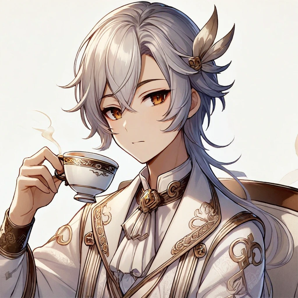 A silver-haired man drinking tea
