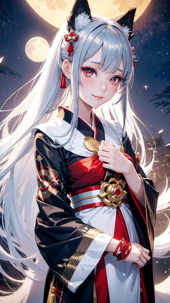 Kitsune girl,hime cut,silver eyes,gold darkblue and red tones japanese cloth, geisha dress theme sun&moon , traditional japanese , long white hair,silver fox ears, have kitsune tail, beautiful woman, silver eyes, elegant, young adult beautiful,night , starry night,sexy eyes,flirting,smile, erotic